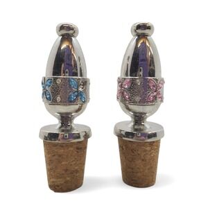 Jeweled Butterfly Wine Stoppers Silver Tone Cork Set of 2‎ Bar Decor Pink Blue